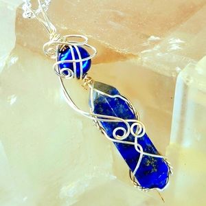 Lapis Lazuli Wire Wrapped Crystal Necklace, Raw Gemstone September Birthstone